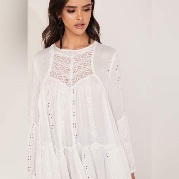 Free People Size Medium Ivory Kiss Kiss Tunic Boho Crochet Oversized Festival - Picture 12 of 16